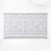 Mother Of Pearl Inlay Floral Design 2 Drawers & 4 Doors Sideboard Table Beige